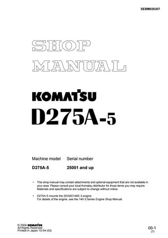 download Komatsu D275A 5 Dozer Bulldozer SN 25001 up able workshop manual